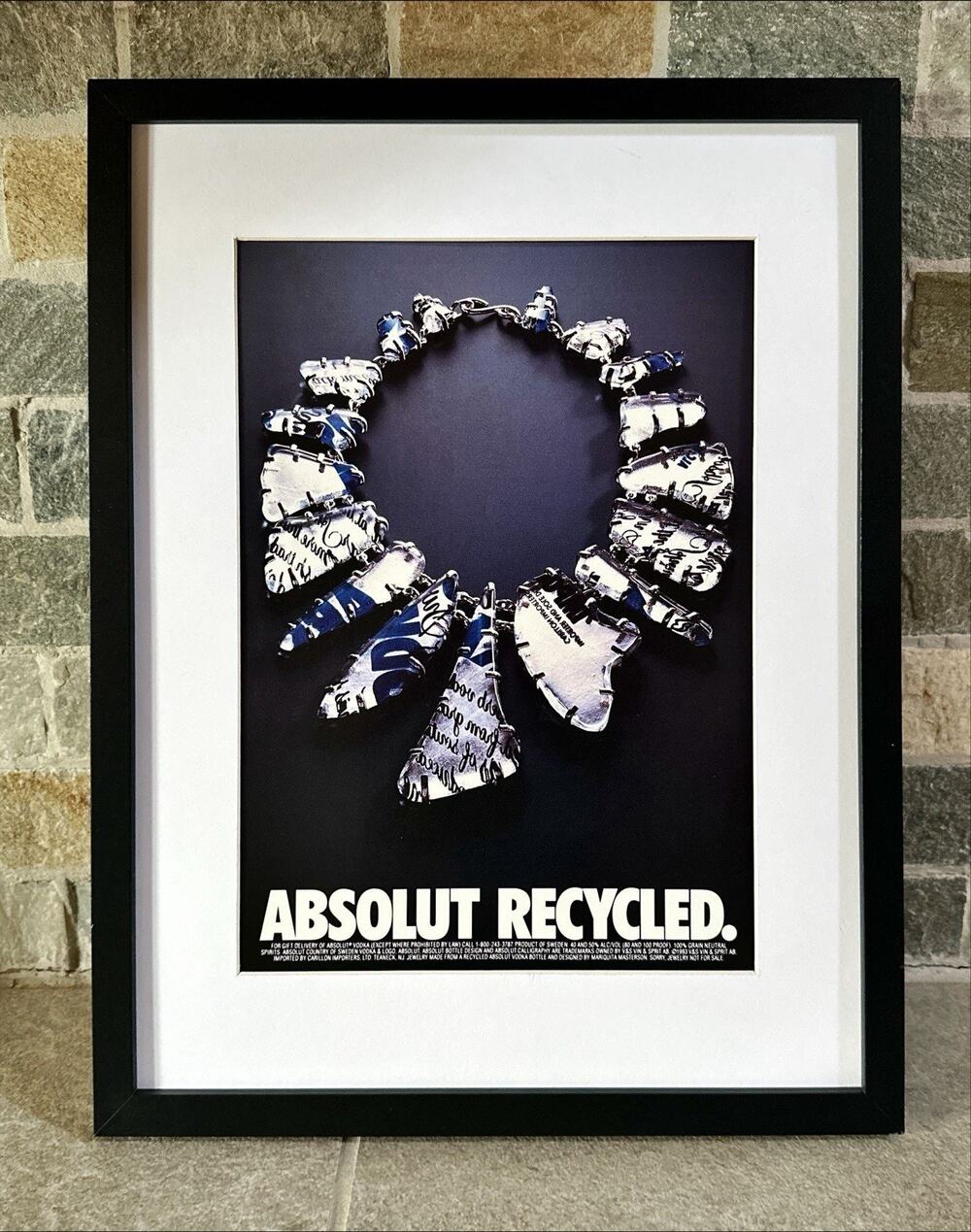 Framed 1993 Absolut Recycled Vodka Bottle Necklace Print Ad